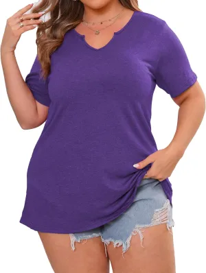 Plus Size Notch V Neck T Shirts Women Short Sleeve Tops Casual Summer Tshirts Loose Fit Tee