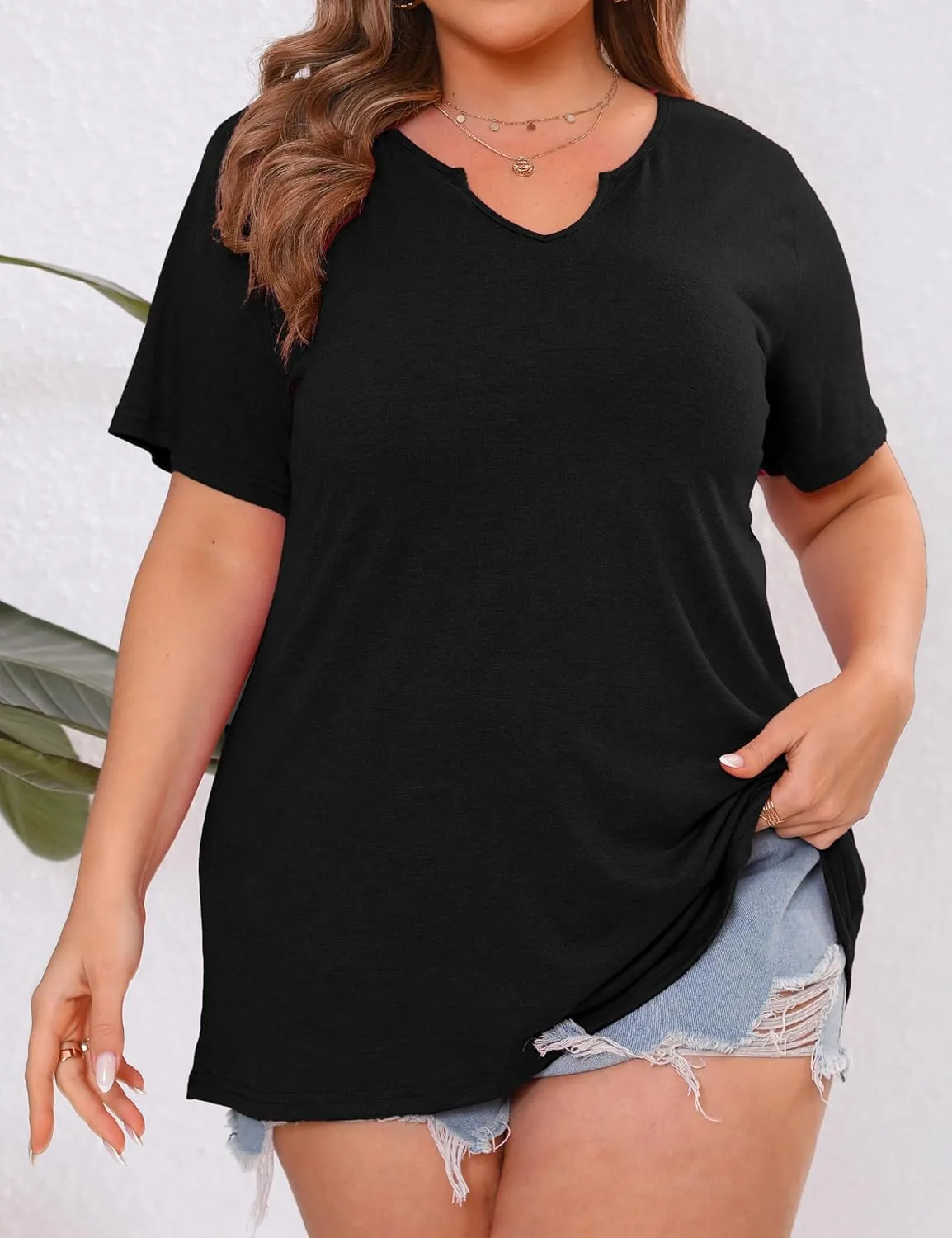 Plus Size Notch V Neck T Shirts Women Short Sleeve Tops Casual Summer Tshirts Loose Fit Tee