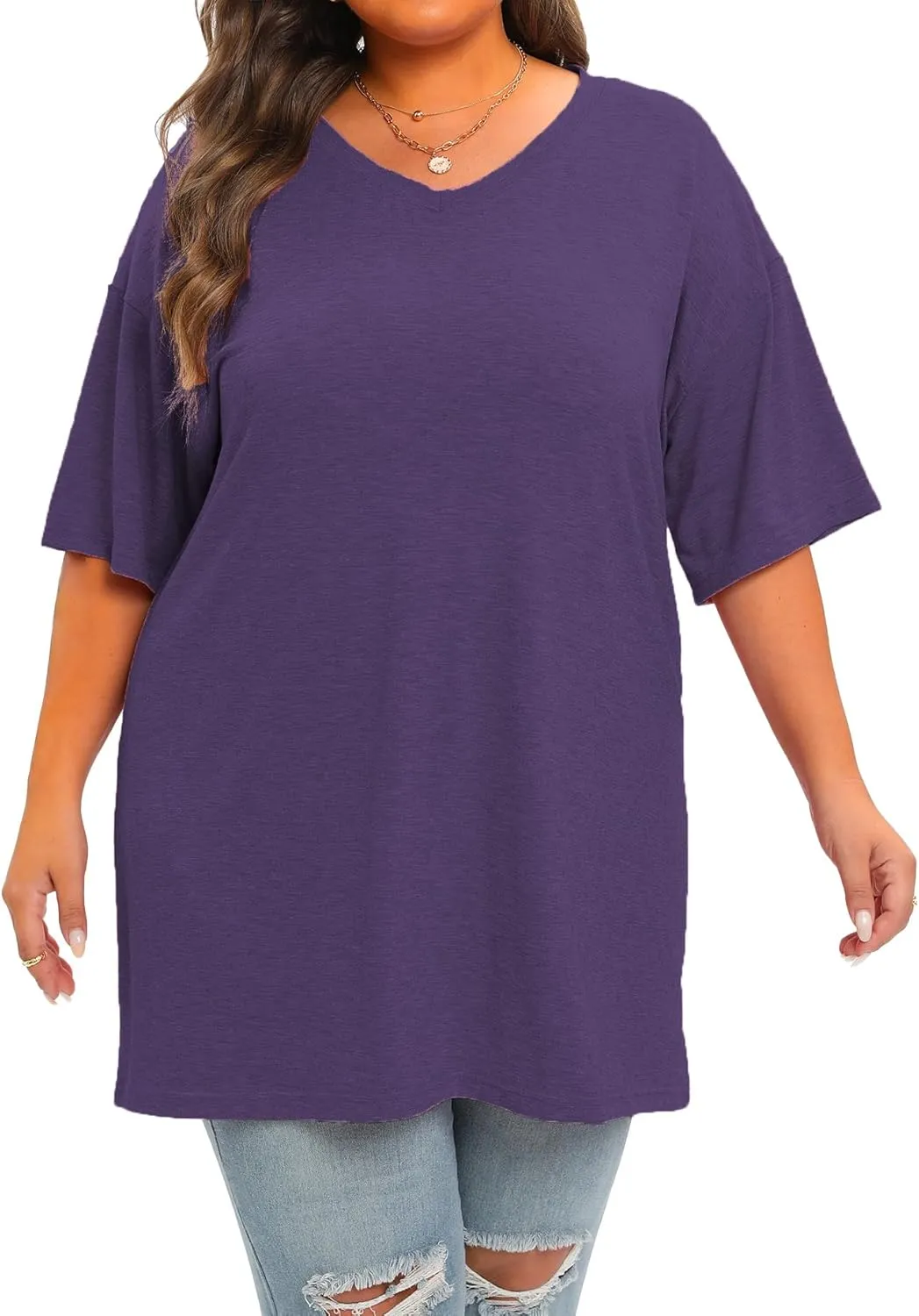 Plus Size Oversized T Shirts Women V Neck Half Sleeve Drop Shoulder Tshirt Casual Summer Tunic Tops
