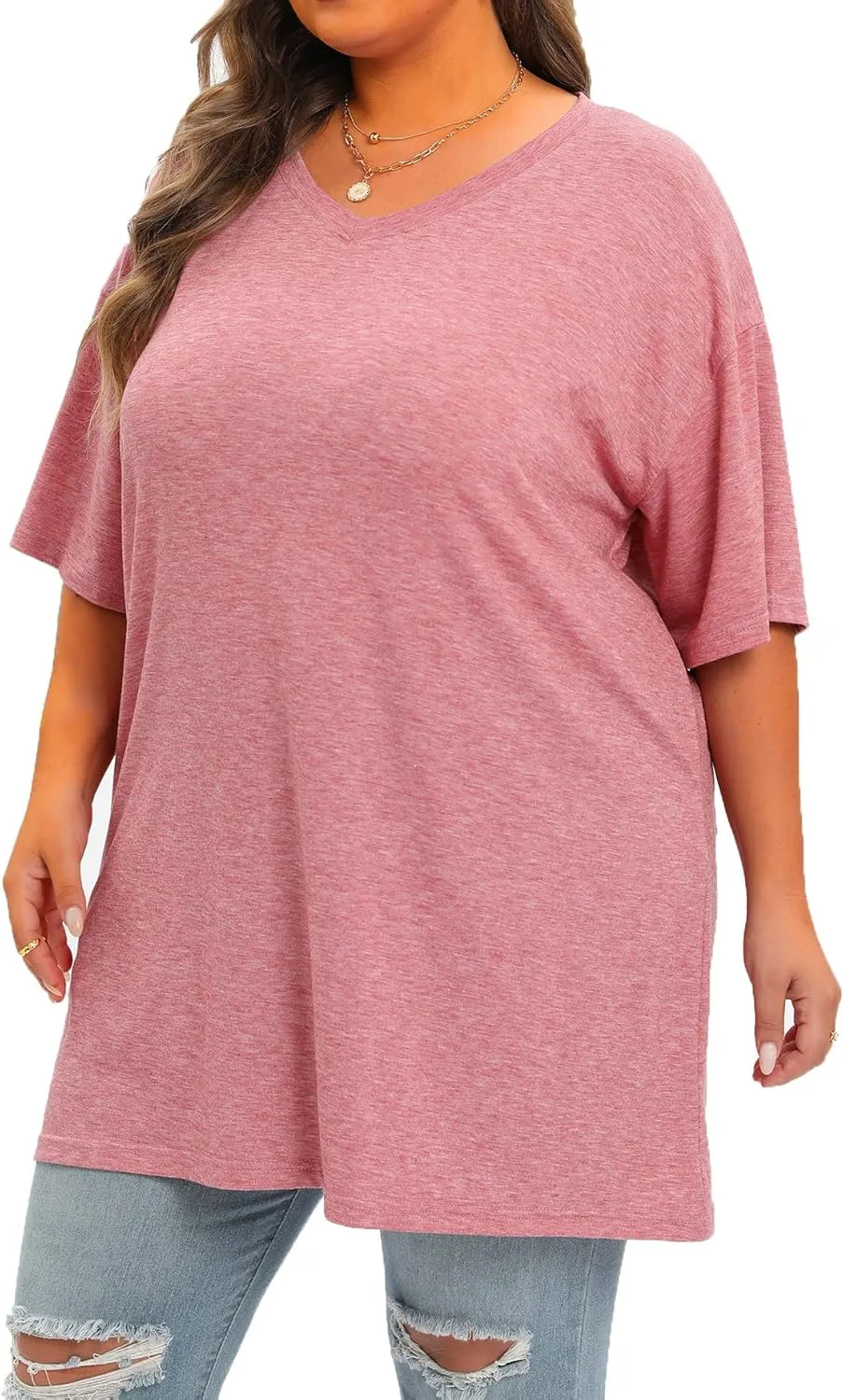 Plus Size Oversized T Shirts Women V Neck Half Sleeve Drop Shoulder Tshirt Casual Summer Tunic Tops