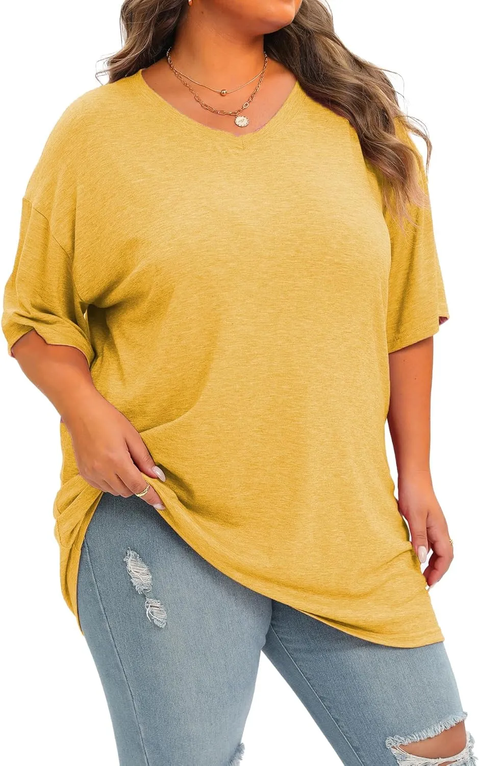 Plus Size Oversized T Shirts Women V Neck Half Sleeve Drop Shoulder Tshirt Casual Summer Tunic Tops