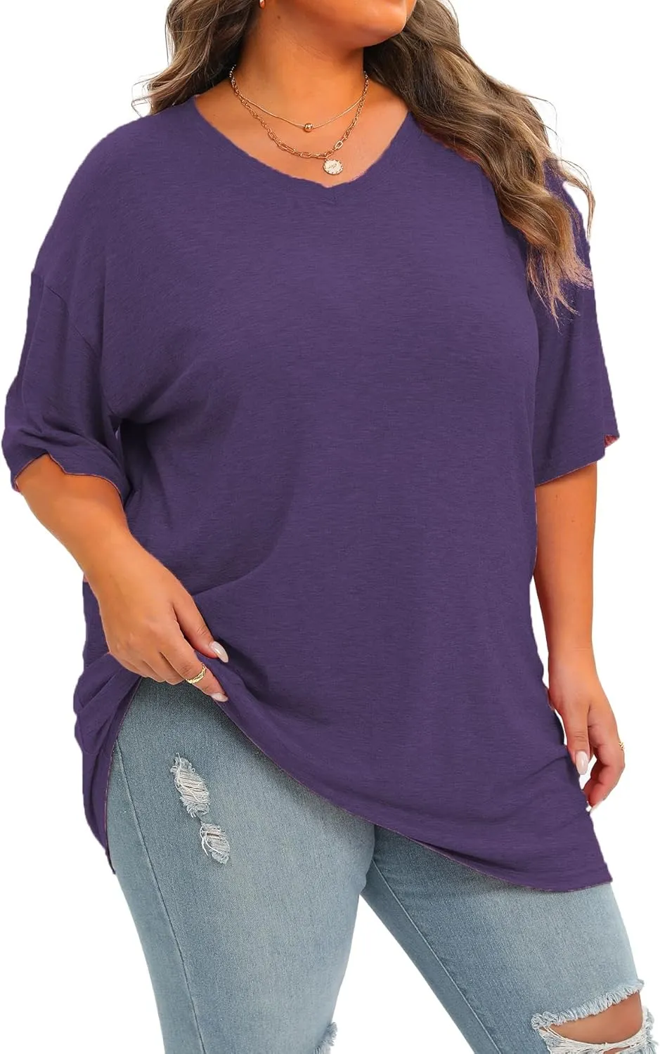 Plus Size Oversized T Shirts Women V Neck Half Sleeve Drop Shoulder Tshirt Casual Summer Tunic Tops