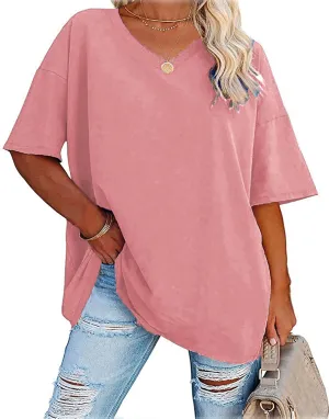 Plus Size Oversized T Shirts Women V Neck Half Sleeve Drop Shoulder Tshirt Casual Summer Tunic Tops
