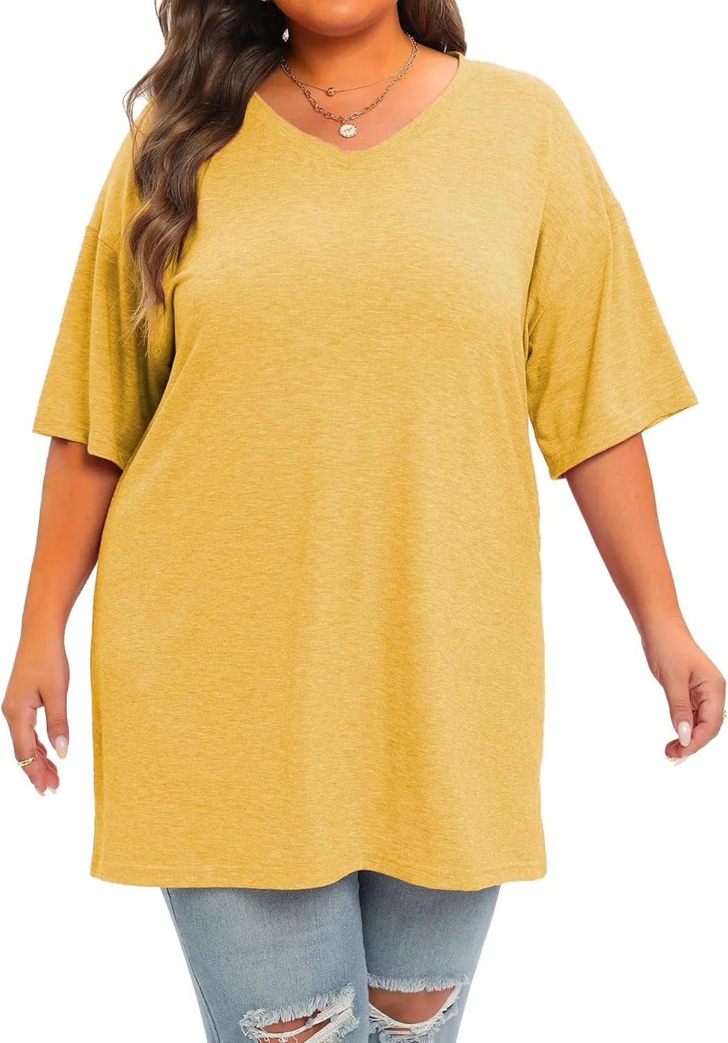 Plus Size Oversized T Shirts Women V Neck Half Sleeve Drop Shoulder Tshirt Casual Summer Tunic Tops