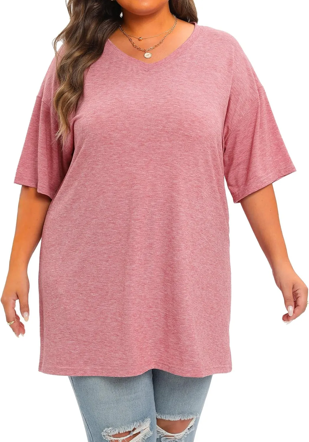 Plus Size Oversized T Shirts Women V Neck Half Sleeve Drop Shoulder Tshirt Casual Summer Tunic Tops