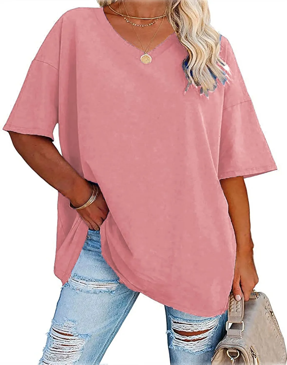 Plus Size Oversized T Shirts Women V Neck Half Sleeve Drop Shoulder Tshirt Casual Summer Tunic Tops