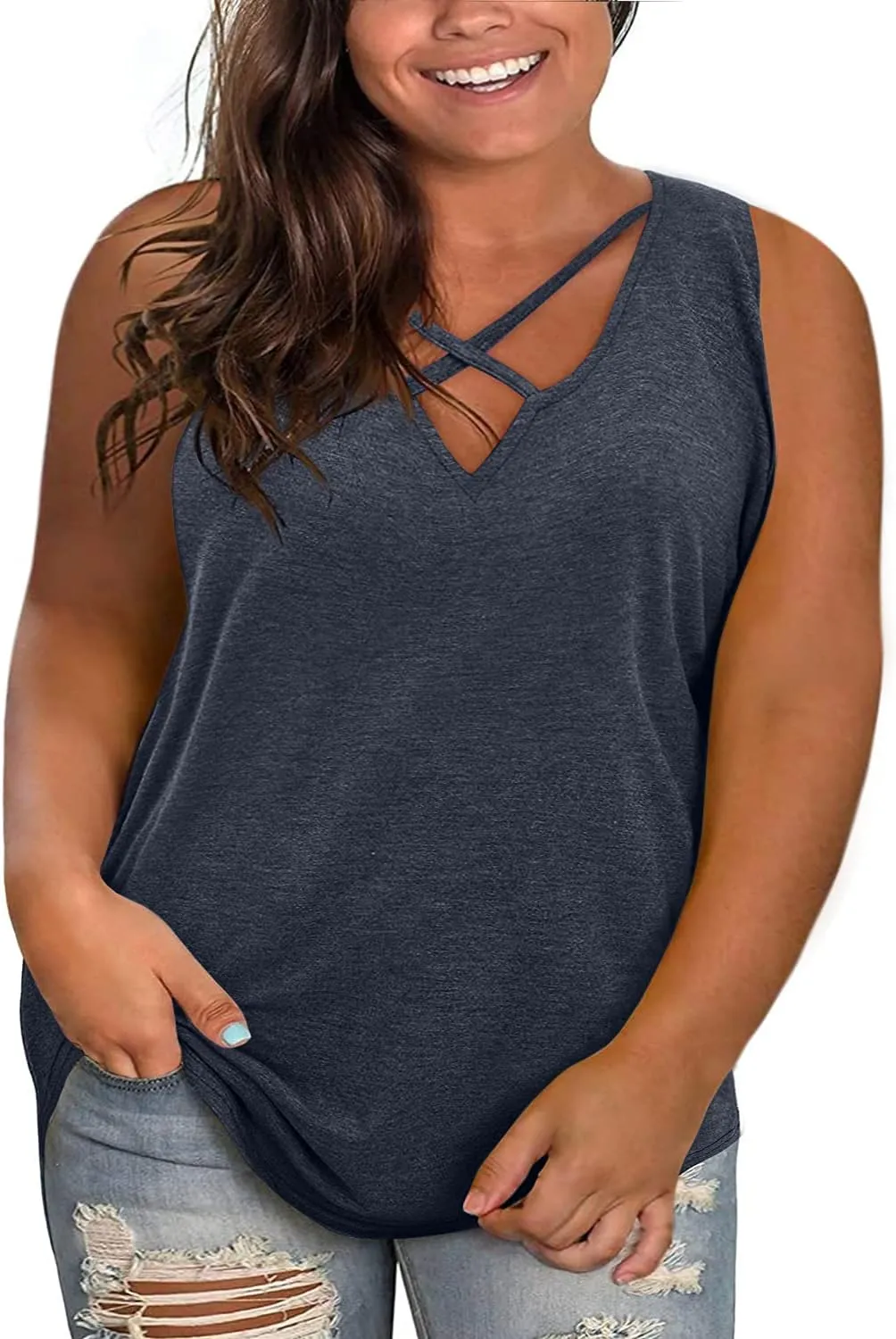 Plus Size Tank Tops for Women Summer Sleeveless Sexy V Neck T-Shirts Tops Casual Loose Cotton Tees