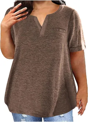 Plus Size Tops for Women Dressy Blouse Notch V Neck Oversized T Shirts Summer Casual Short Sleeve Tshirt with Pockets