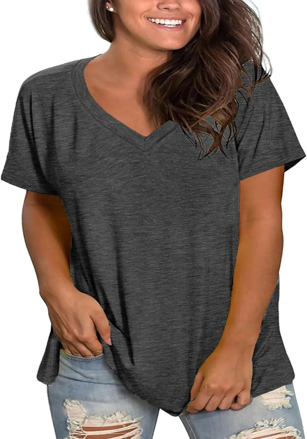 Plus Size V Neck T Shirts Women Short Sleeve Tops Casual Summer Tshirts Loose Fit Tee