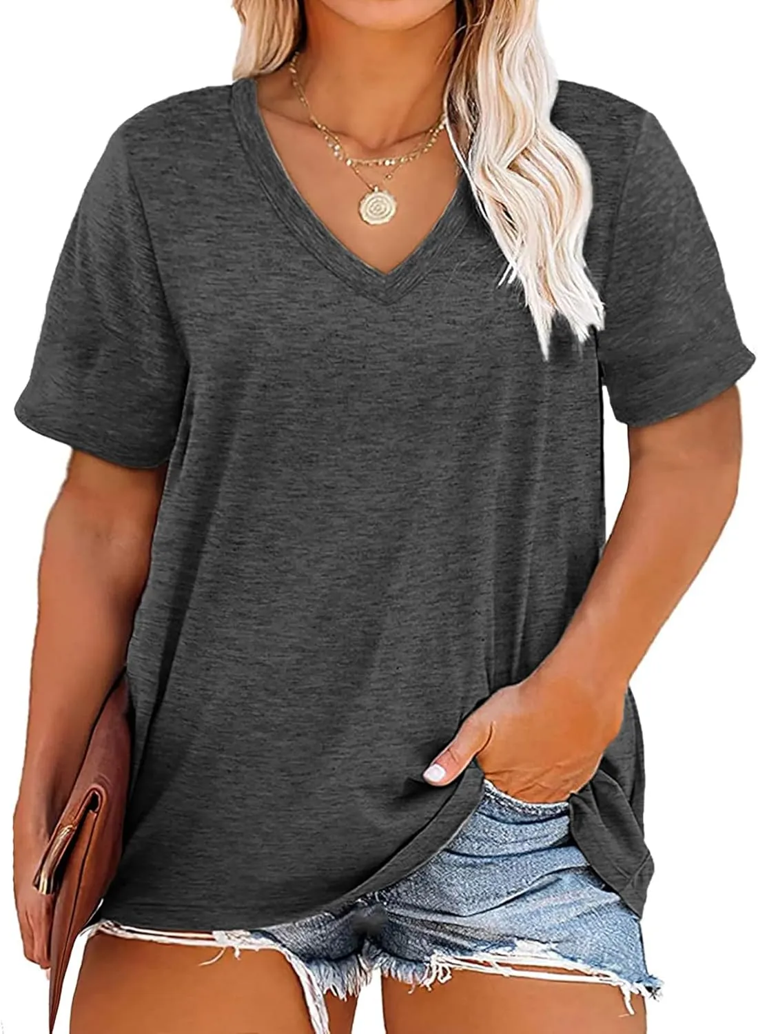 Plus Size V Neck T Shirts Women Short Sleeve Tops Casual Summer Tshirts Loose Fit Tee