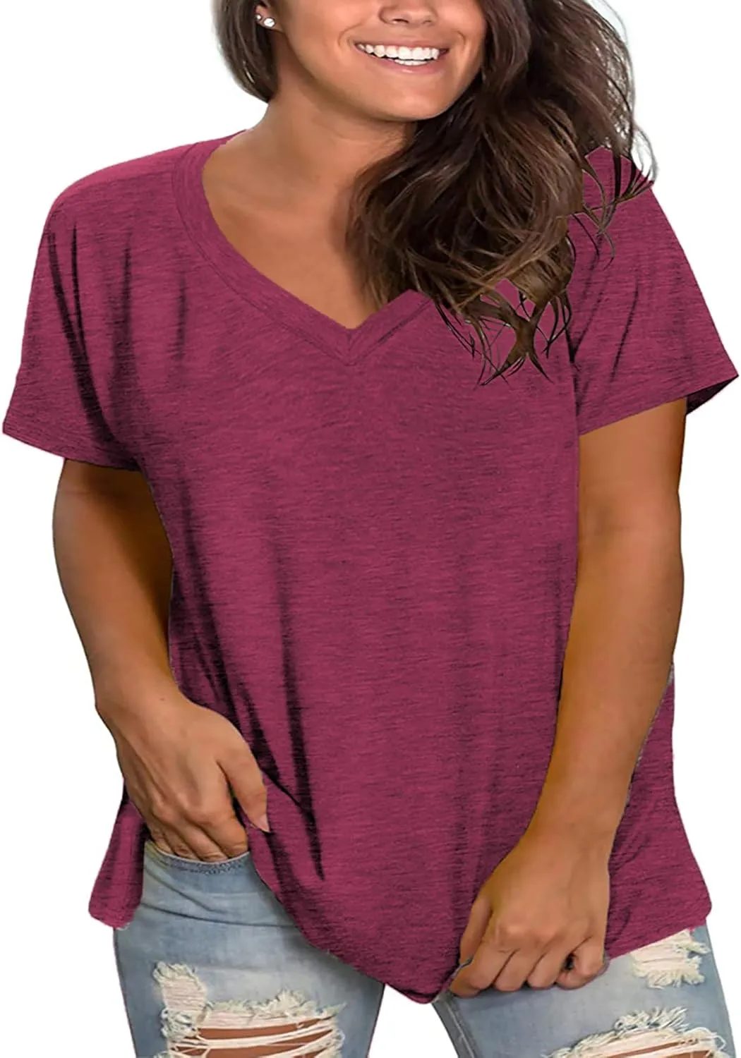 Plus Size V Neck T Shirts Women Short Sleeve Tops Casual Summer Tshirts Loose Fit Tee