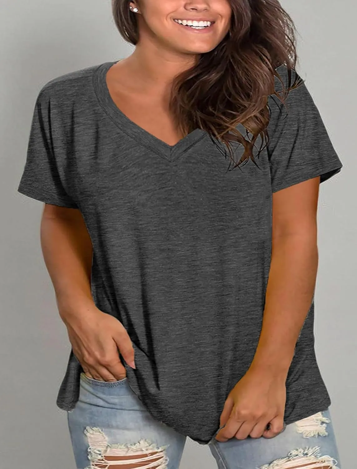 Plus Size V Neck T Shirts Women Short Sleeve Tops Casual Summer Tshirts Loose Fit Tee