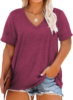 Plus Size V Neck T Shirts Women Short Sleeve Tops Casual Summer Tshirts Loose Fit Tee