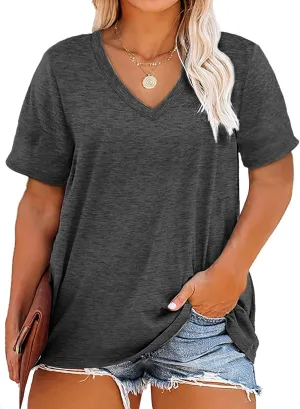 Plus Size V Neck T Shirts Women Short Sleeve Tops Casual Summer Tshirts Loose Fit Tee