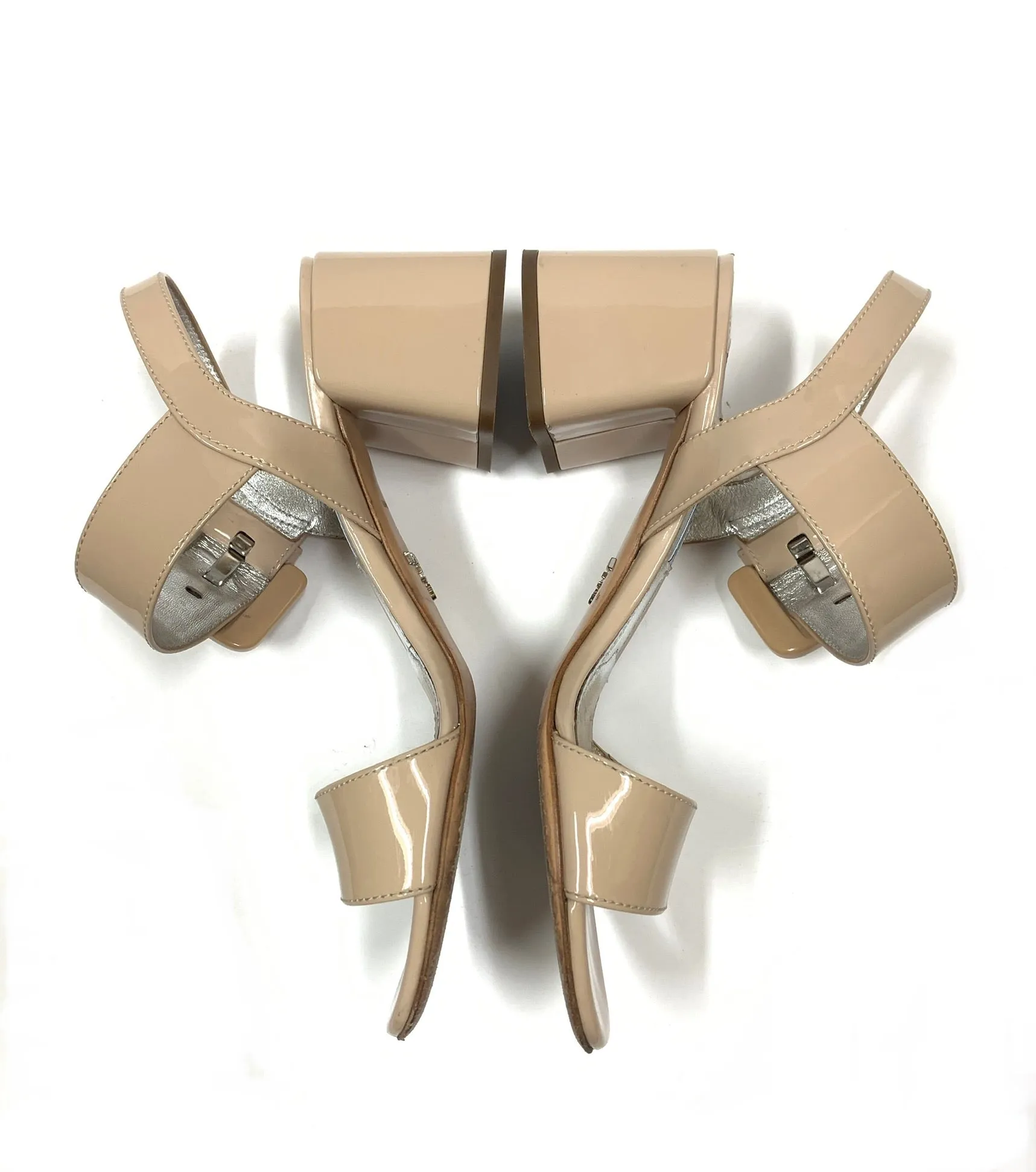 PRADA PATENT LEATHER BLOCK HEEL ANKLE STRAP SANDALS SIZE 36