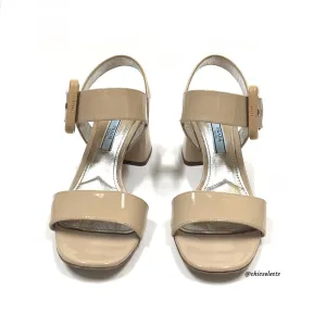 PRADA PATENT LEATHER BLOCK HEEL ANKLE STRAP SANDALS SIZE 36