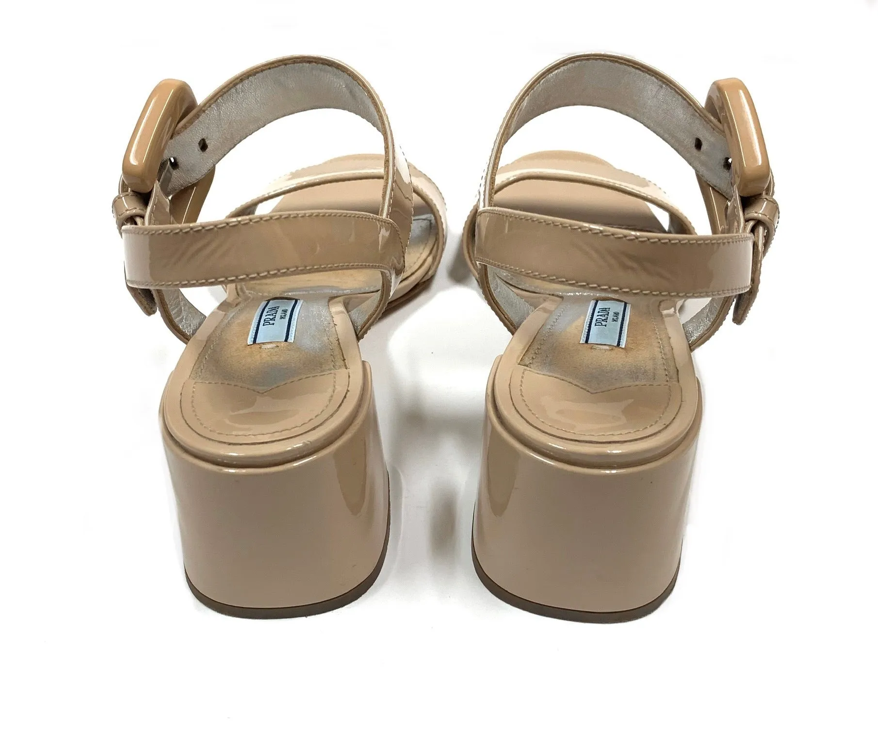 PRADA PATENT LEATHER BLOCK HEEL ANKLE STRAP SANDALS SIZE 36