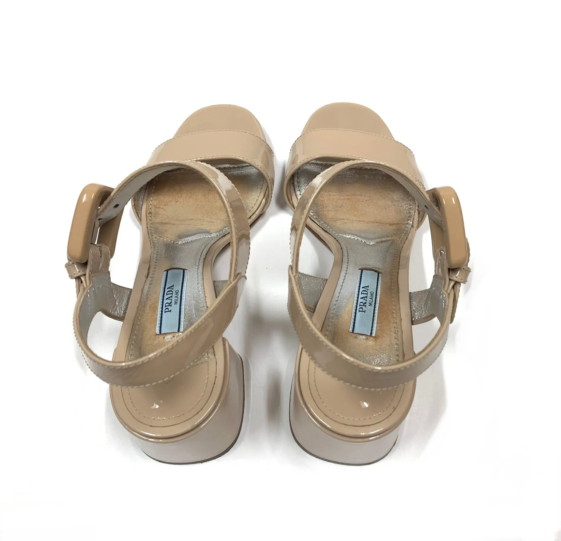 PRADA PATENT LEATHER BLOCK HEEL ANKLE STRAP SANDALS SIZE 36
