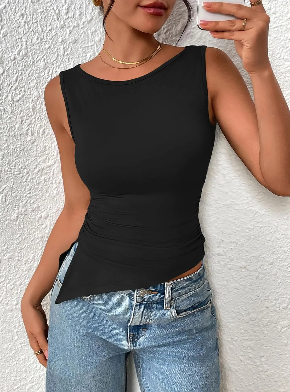 PRETTYGARDEN Womens Ruched Tank Tops 2025 Summer Sleeveless Slim Fit T Shirts Blouses Going Out Y2K Fashion Clothes