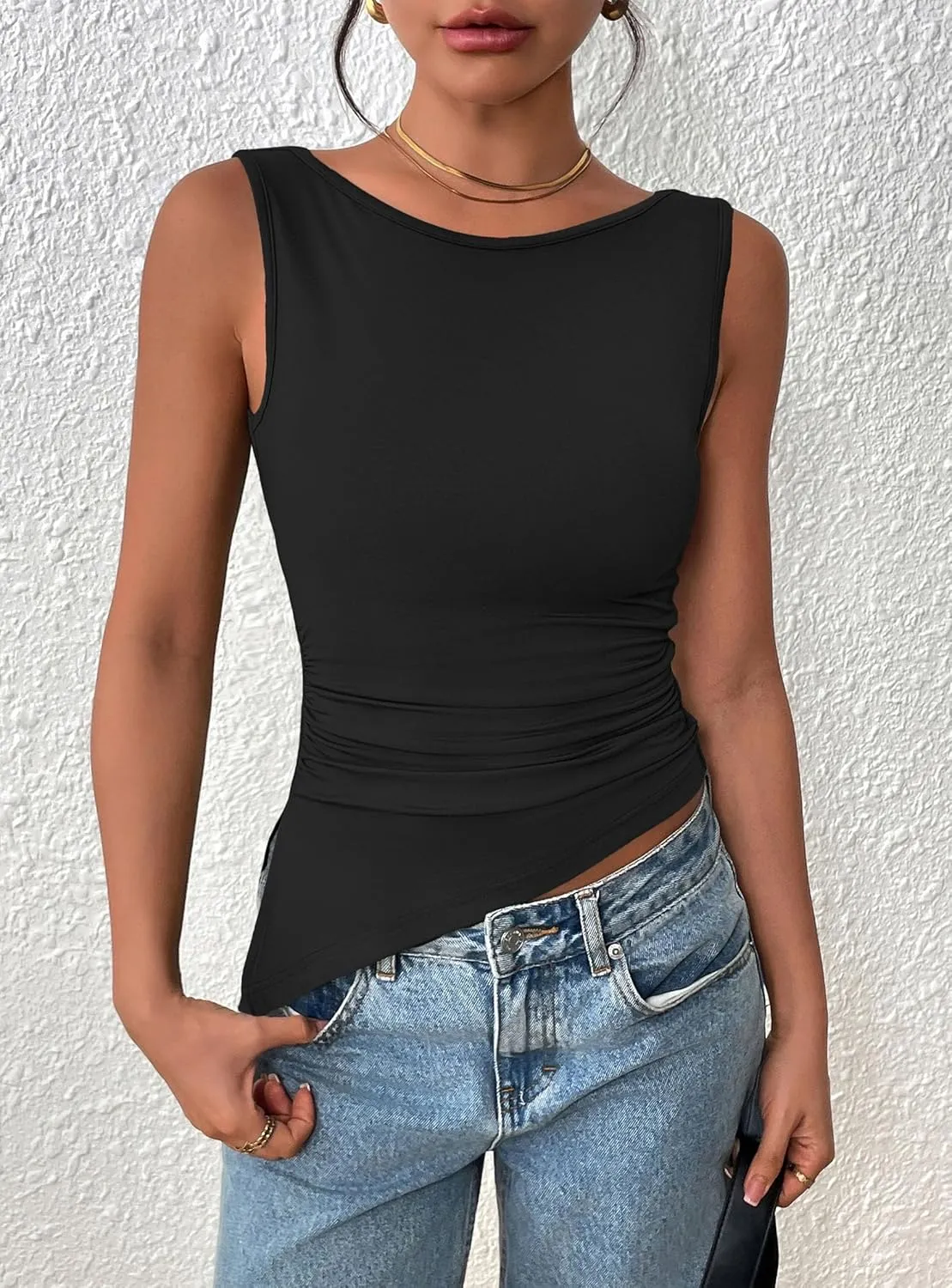 PRETTYGARDEN Womens Ruched Tank Tops 2025 Summer Sleeveless Slim Fit T Shirts Blouses Going Out Y2K Fashion Clothes