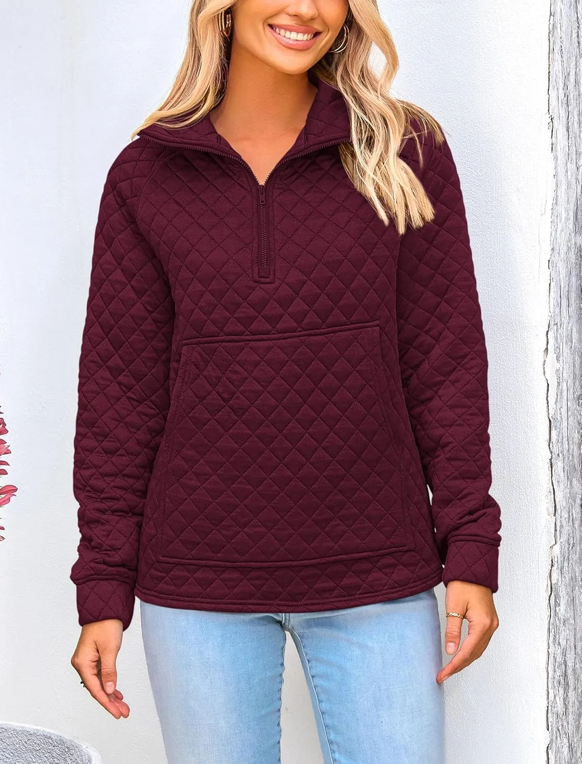 PRETTYGARDEN Women's Winter Quilted Sweatshirt Casual Quarter Zip Collared Long Sleeve V Neck Pullover Tops