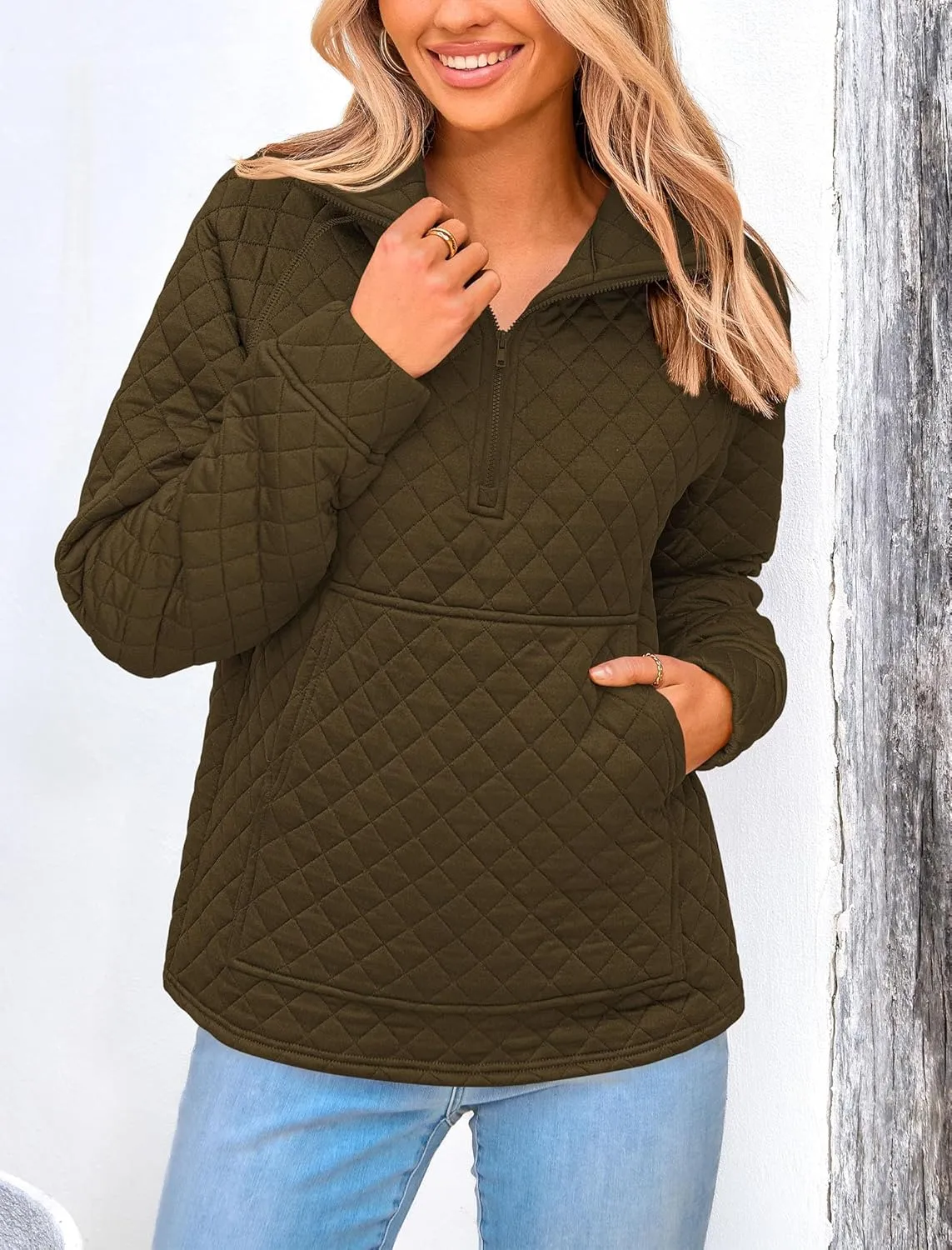PRETTYGARDEN Women's Winter Quilted Sweatshirt Casual Quarter Zip Collared Long Sleeve V Neck Pullover Tops