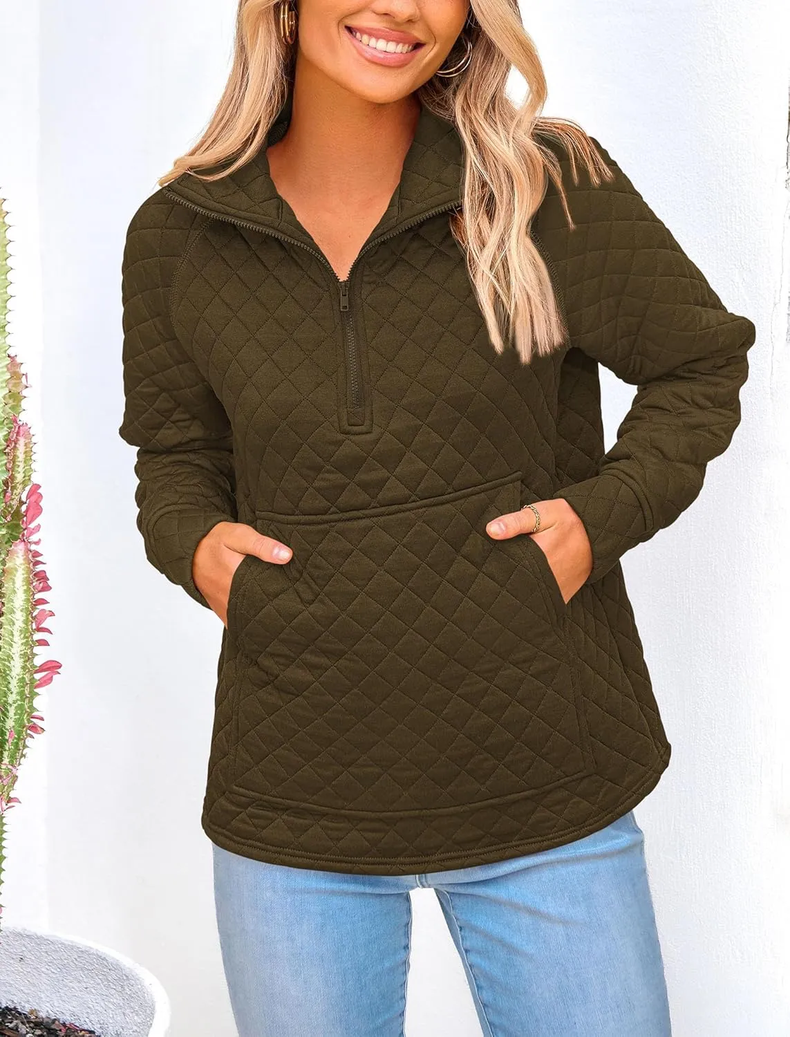 PRETTYGARDEN Women's Winter Quilted Sweatshirt Casual Quarter Zip Collared Long Sleeve V Neck Pullover Tops