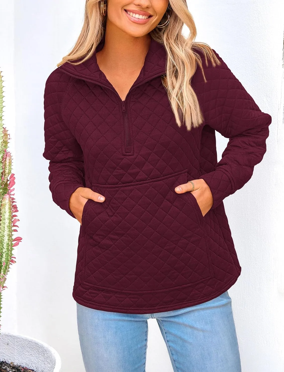 PRETTYGARDEN Women's Winter Quilted Sweatshirt Casual Quarter Zip Collared Long Sleeve V Neck Pullover Tops