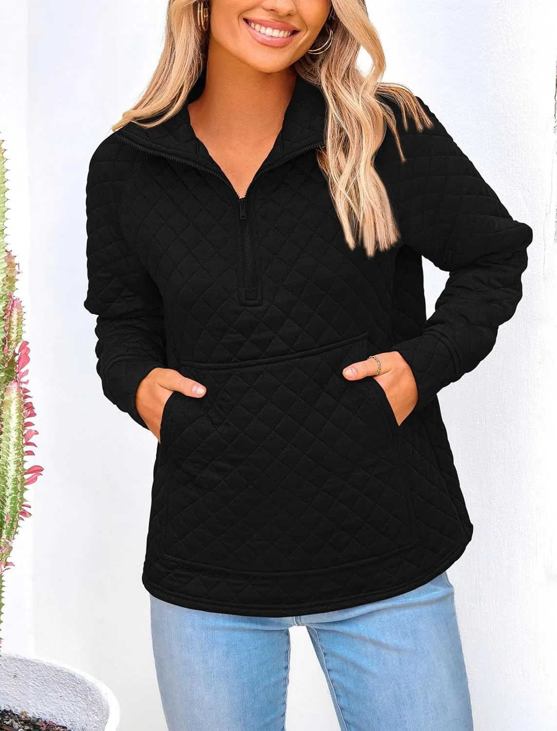PRETTYGARDEN Women's Winter Quilted Sweatshirt Casual Quarter Zip Collared Long Sleeve V Neck Pullover Tops
