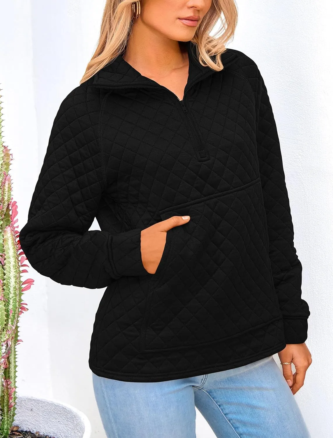 PRETTYGARDEN Women's Winter Quilted Sweatshirt Casual Quarter Zip Collared Long Sleeve V Neck Pullover Tops