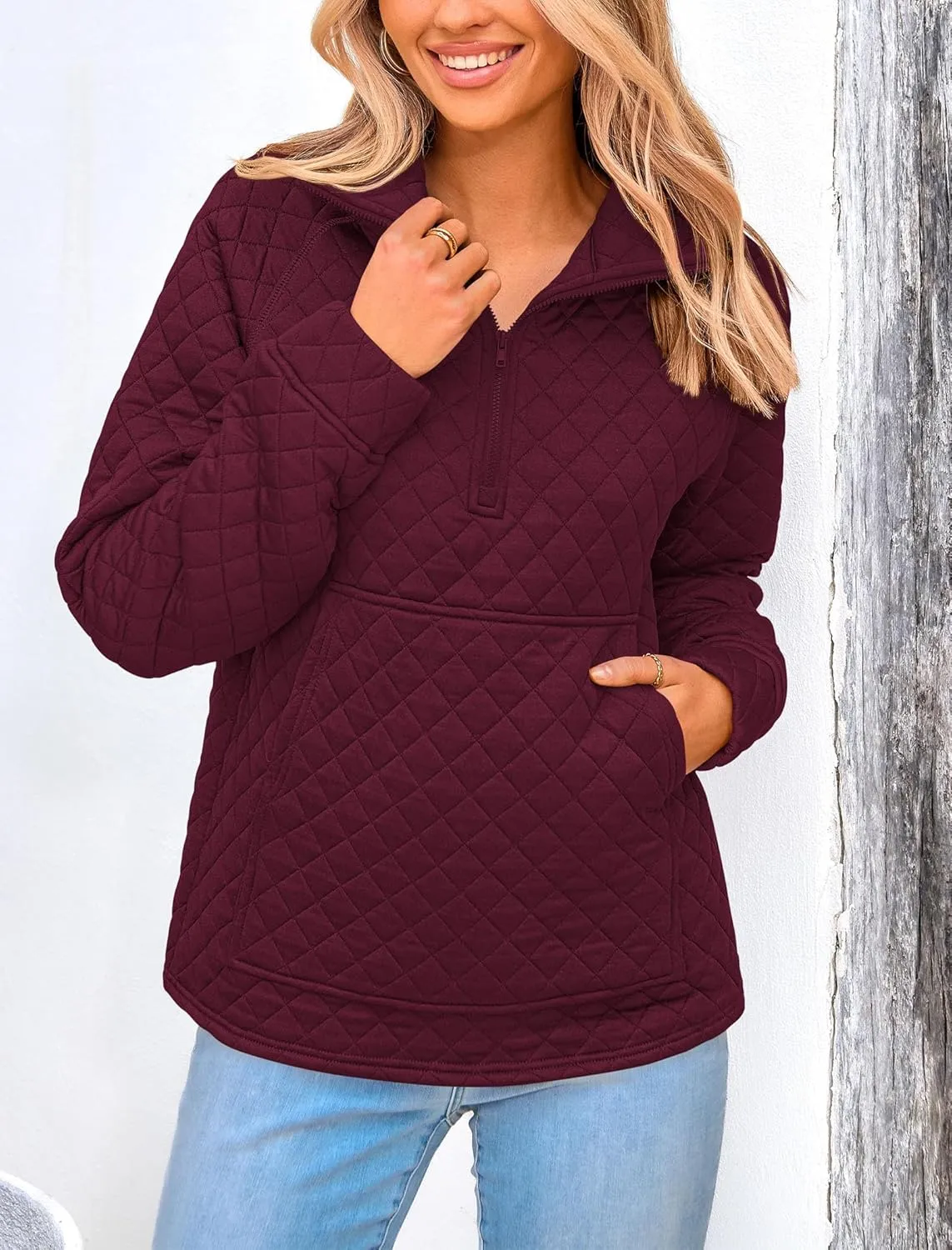 PRETTYGARDEN Women's Winter Quilted Sweatshirt Casual Quarter Zip Collared Long Sleeve V Neck Pullover Tops