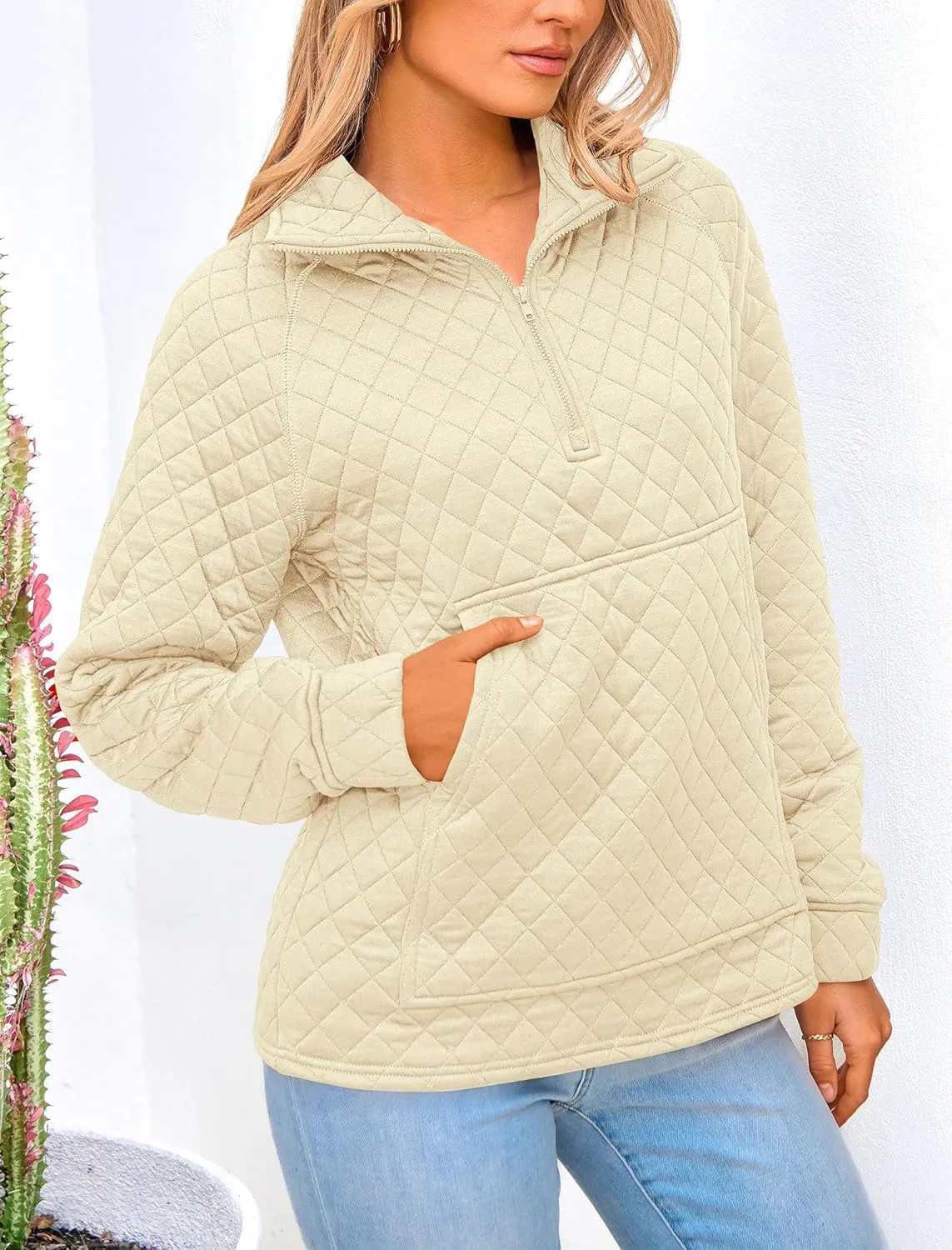 PRETTYGARDEN Women's Winter Quilted Sweatshirt Casual Quarter Zip Collared Long Sleeve V Neck Pullover Tops