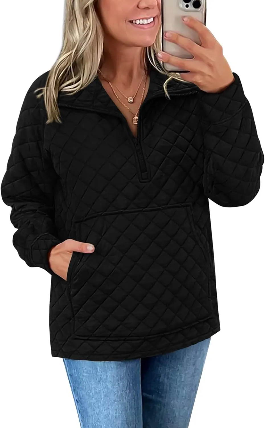 PRETTYGARDEN Women's Winter Quilted Sweatshirt Casual Quarter Zip Collared Long Sleeve V Neck Pullover Tops