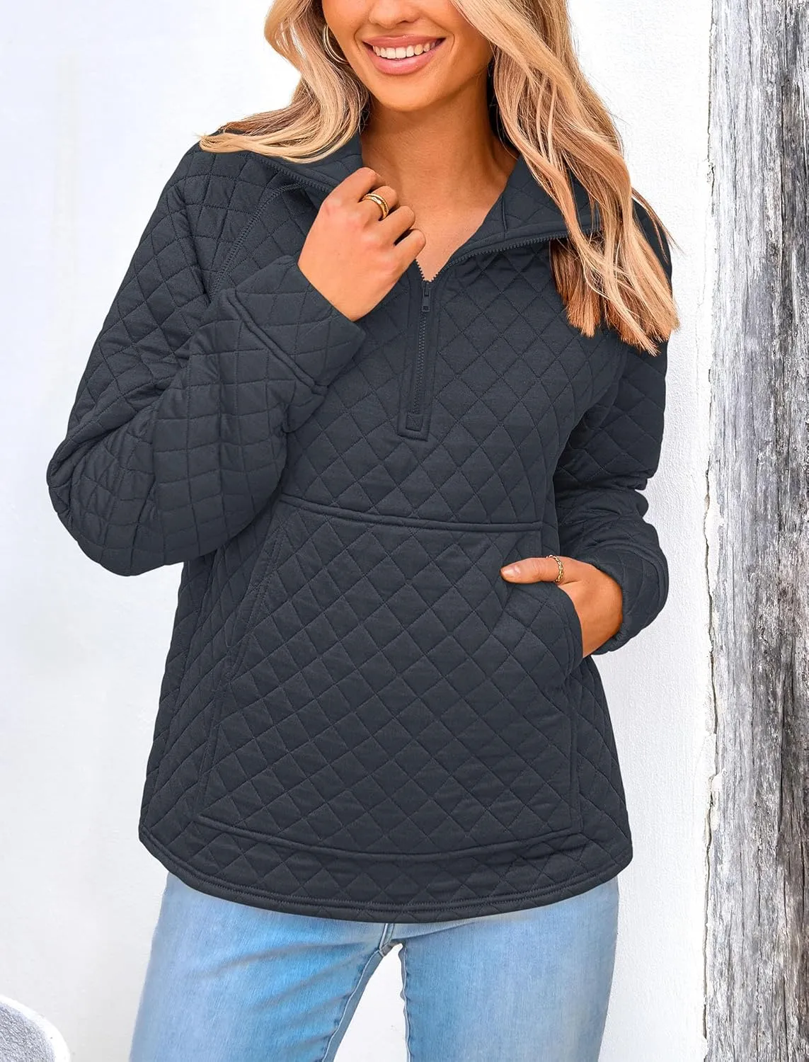 PRETTYGARDEN Women's Winter Quilted Sweatshirt Casual Quarter Zip Collared Long Sleeve V Neck Pullover Tops