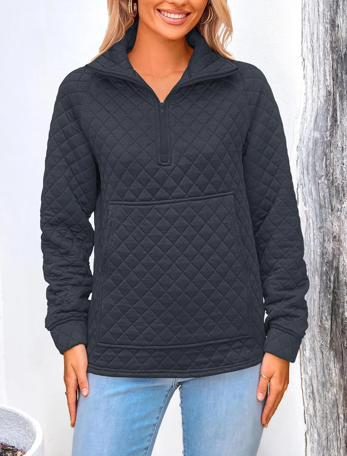 PRETTYGARDEN Women's Winter Quilted Sweatshirt Casual Quarter Zip Collared Long Sleeve V Neck Pullover Tops