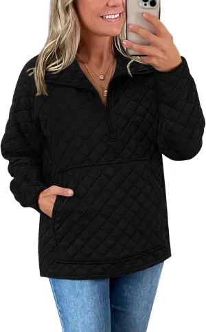 PRETTYGARDEN Women's Winter Quilted Sweatshirt Casual Quarter Zip Collared Long Sleeve V Neck Pullover Tops