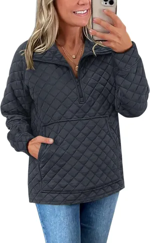 PRETTYGARDEN Women's Winter Quilted Sweatshirt Casual Quarter Zip Collared Long Sleeve V Neck Pullover Tops