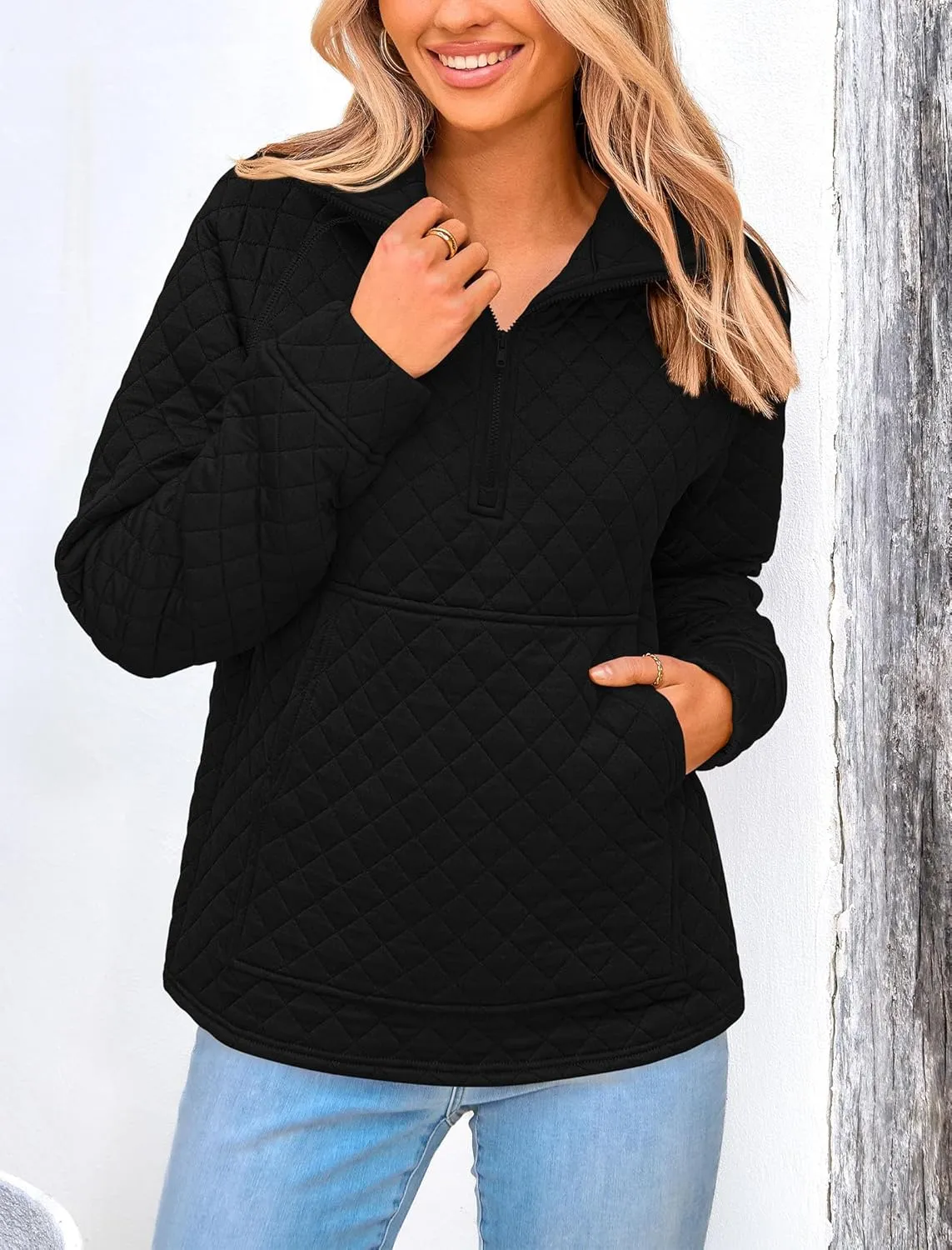 PRETTYGARDEN Women's Winter Quilted Sweatshirt Casual Quarter Zip Collared Long Sleeve V Neck Pullover Tops