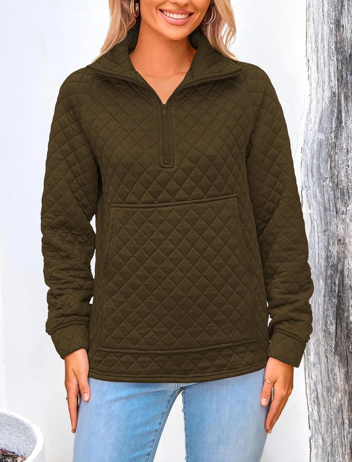 PRETTYGARDEN Women's Winter Quilted Sweatshirt Casual Quarter Zip Collared Long Sleeve V Neck Pullover Tops