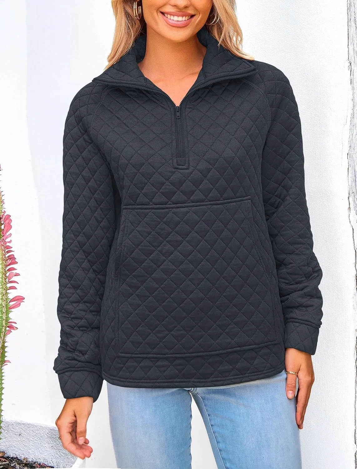 PRETTYGARDEN Women's Winter Quilted Sweatshirt Casual Quarter Zip Collared Long Sleeve V Neck Pullover Tops