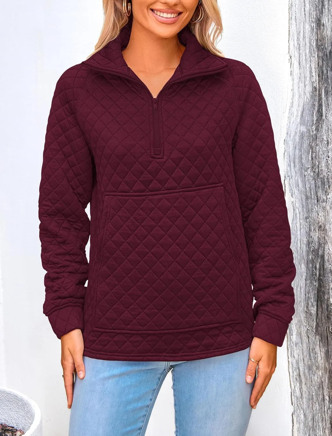PRETTYGARDEN Women's Winter Quilted Sweatshirt Casual Quarter Zip Collared Long Sleeve V Neck Pullover Tops