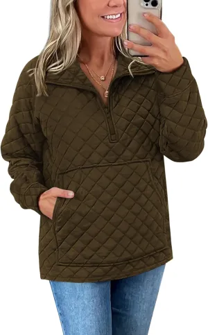 PRETTYGARDEN Women's Winter Quilted Sweatshirt Casual Quarter Zip Collared Long Sleeve V Neck Pullover Tops