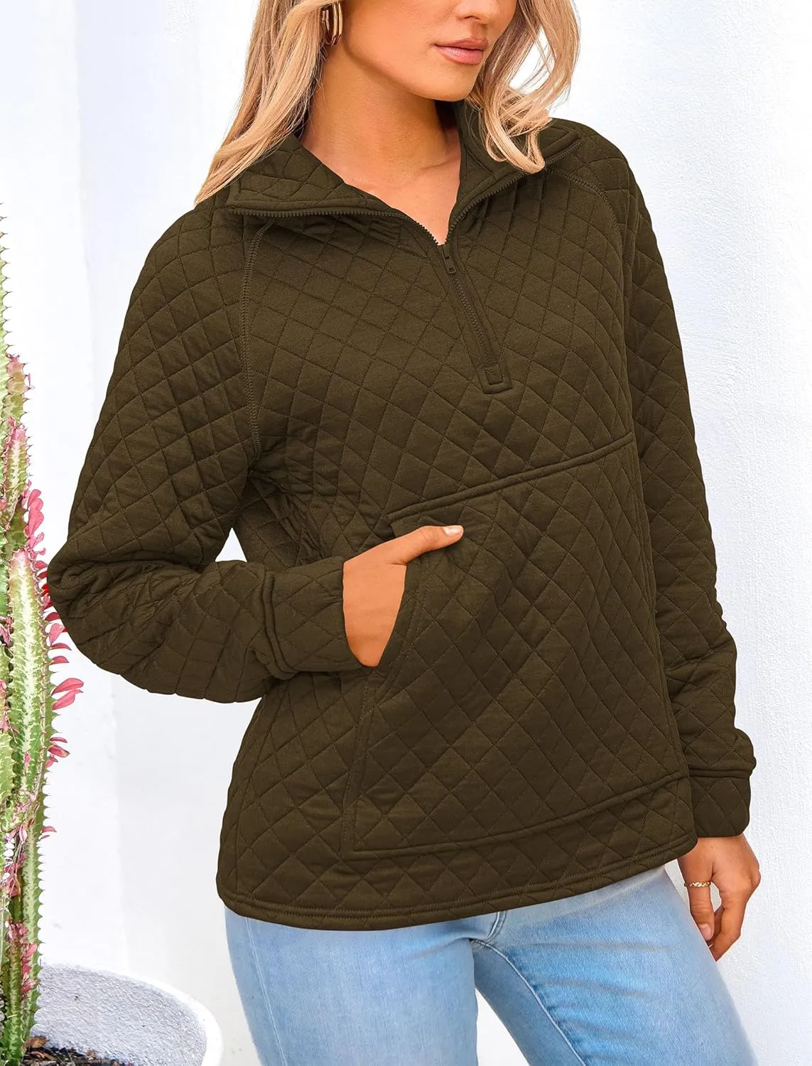 PRETTYGARDEN Women's Winter Quilted Sweatshirt Casual Quarter Zip Collared Long Sleeve V Neck Pullover Tops