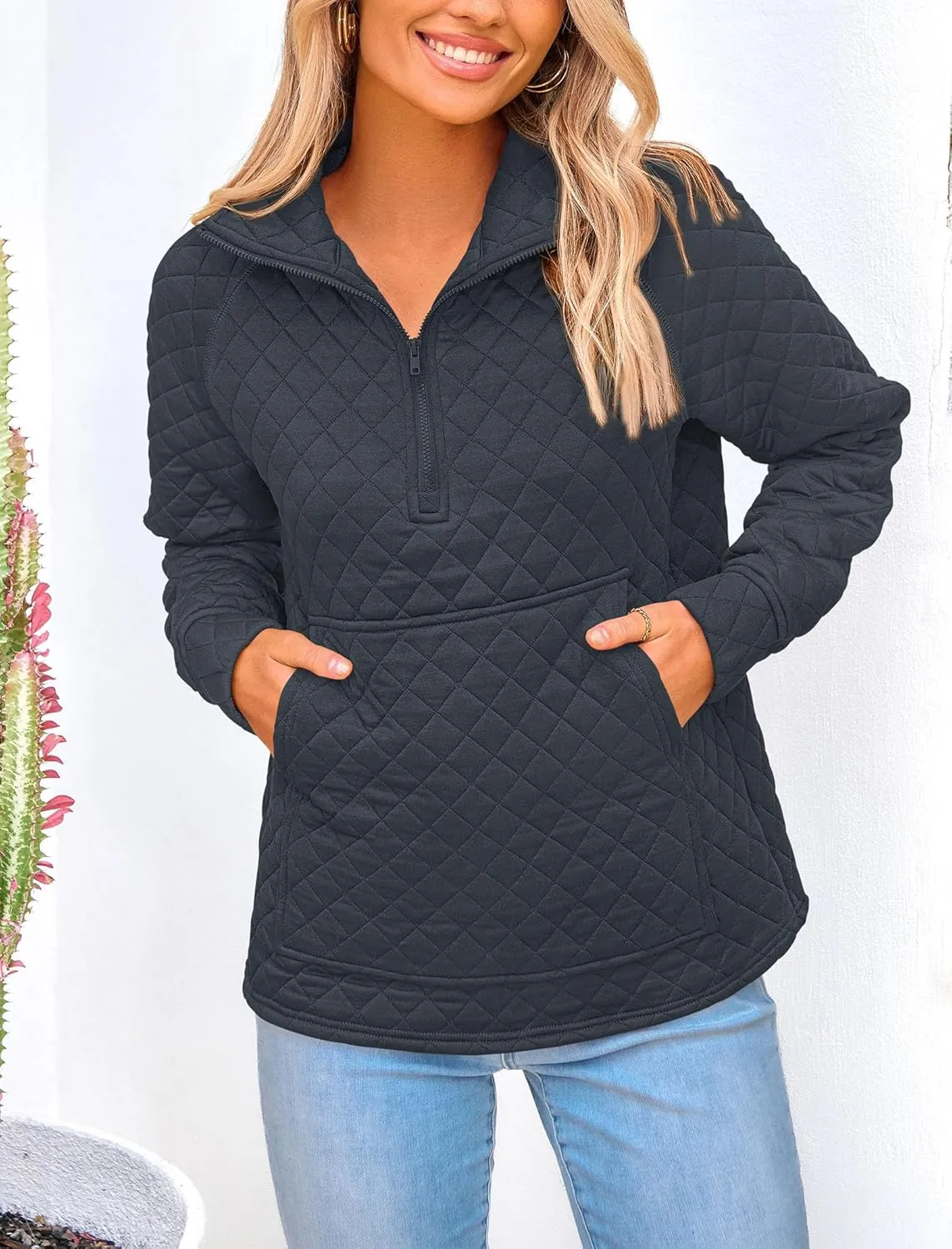 PRETTYGARDEN Women's Winter Quilted Sweatshirt Casual Quarter Zip Collared Long Sleeve V Neck Pullover Tops