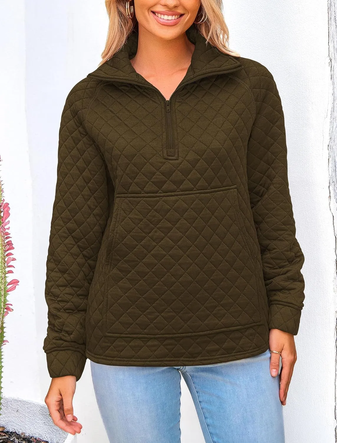 PRETTYGARDEN Women's Winter Quilted Sweatshirt Casual Quarter Zip Collared Long Sleeve V Neck Pullover Tops