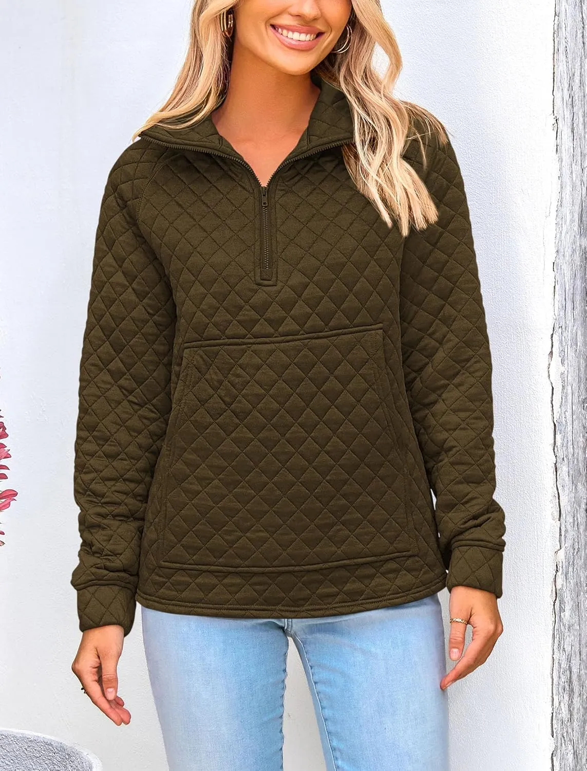 PRETTYGARDEN Women's Winter Quilted Sweatshirt Casual Quarter Zip Collared Long Sleeve V Neck Pullover Tops