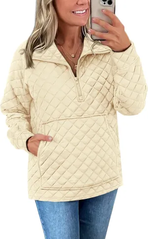 PRETTYGARDEN Women's Winter Quilted Sweatshirt Casual Quarter Zip Collared Long Sleeve V Neck Pullover Tops