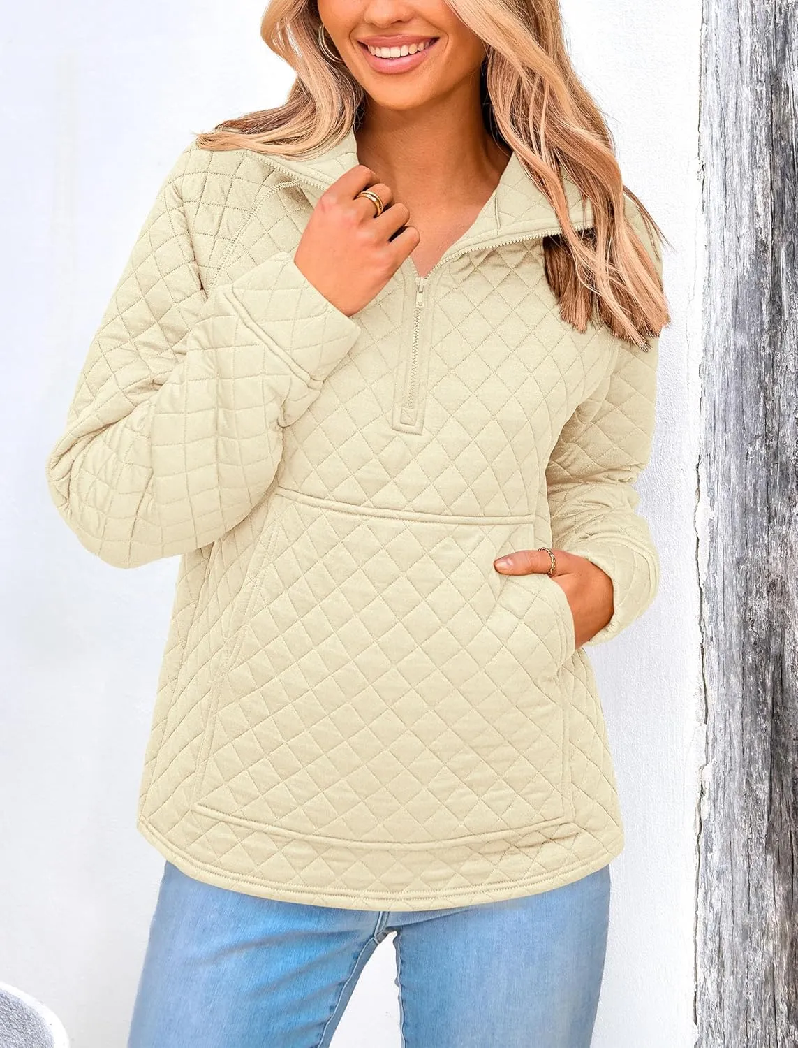 PRETTYGARDEN Women's Winter Quilted Sweatshirt Casual Quarter Zip Collared Long Sleeve V Neck Pullover Tops
