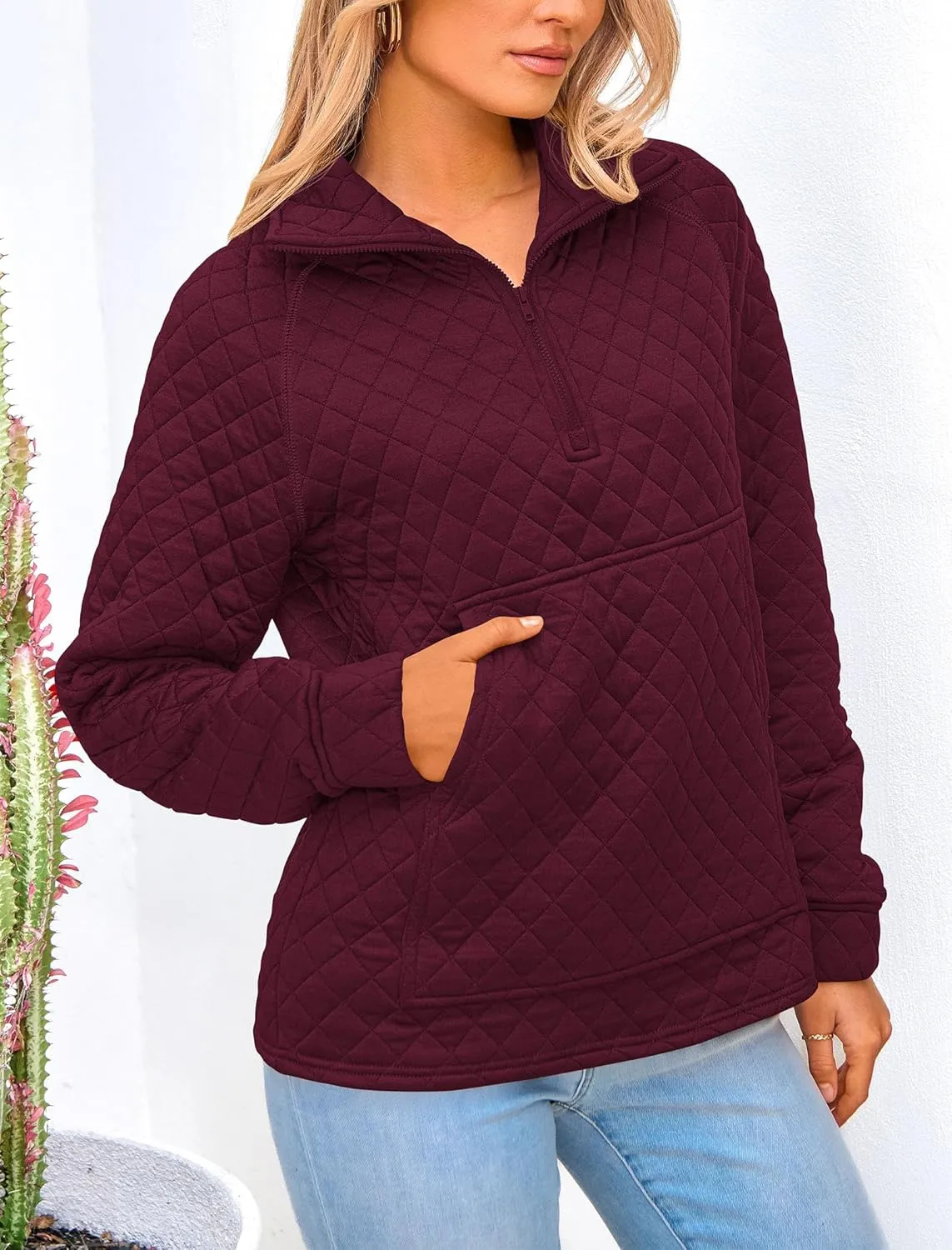 PRETTYGARDEN Women's Winter Quilted Sweatshirt Casual Quarter Zip Collared Long Sleeve V Neck Pullover Tops