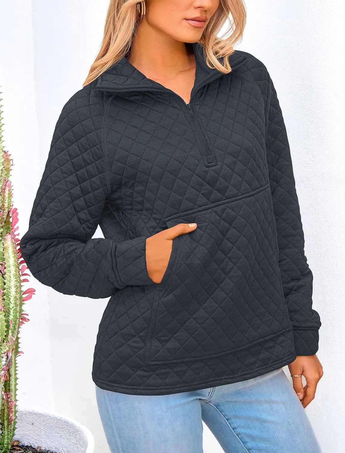 PRETTYGARDEN Women's Winter Quilted Sweatshirt Casual Quarter Zip Collared Long Sleeve V Neck Pullover Tops